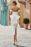 White Bodycon Off the Shoulder Midi Engagement Dress with Bow